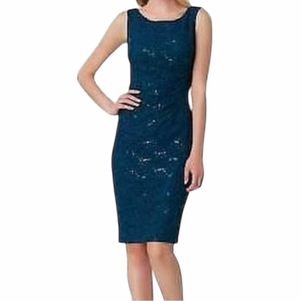 Tahari ASL Luxe navy Blue Sequins Sleeveless Sheath Dress 2